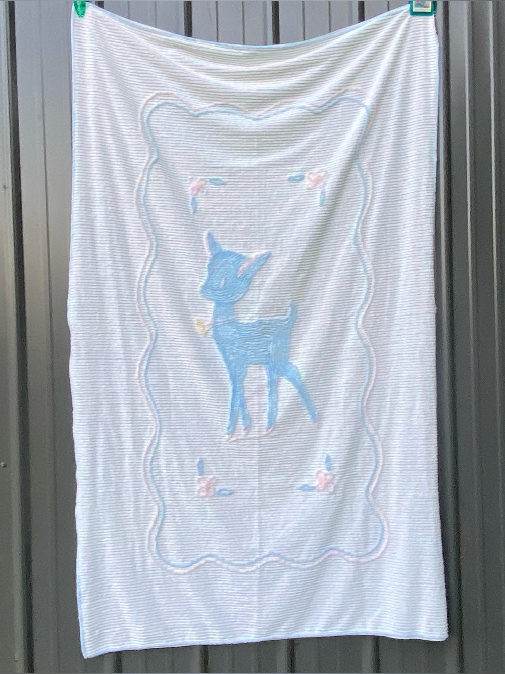 Vintage Crib Blanket Blue Pink Baby Deer Chenille Blanket 41” x 62”